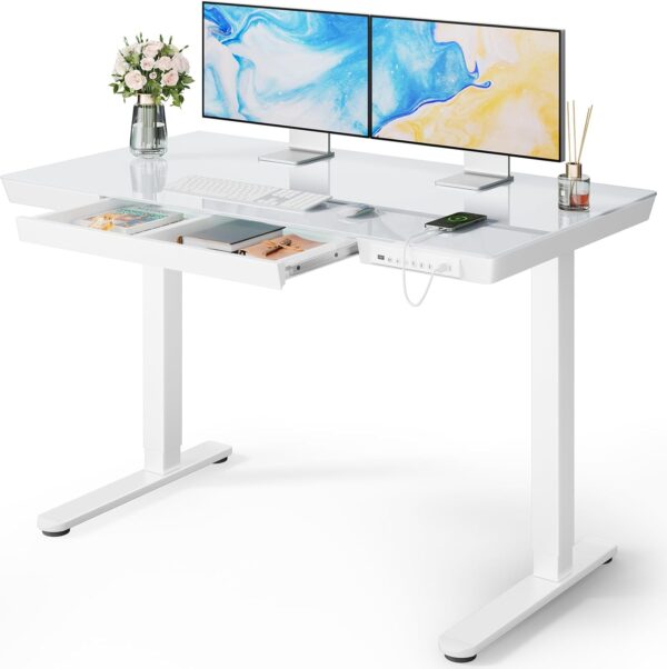 Marsail Glass Standing Desk with Drawer, 48 x 24 inch Electric Standing Desk, Height Adjustable Desk with One-Piece Tabletop & USB Charging Ports, Sit Stand Desk with Storage for Home & Office White - Image 3