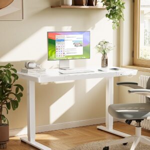 Marsail Glass Standing Desk with Drawer, 48 x 24 inch Electric Standing Desk, Height Adjustable Desk with One-Piece Tabletop & USB Charging Ports, Sit Stand Desk with Storage for Home & Office White
