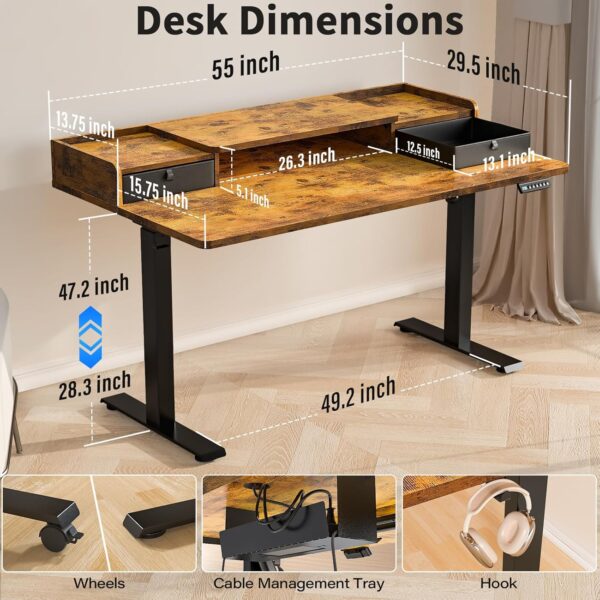 Kingant 55 x 30 Inch Standing Desk with Drawers, Adjustable Height Electric Sit Stand Desk with Storage Shelf, Rising Stand Up Computer Desk for Home Office Workstation, 3 Preset Heights - Image 3